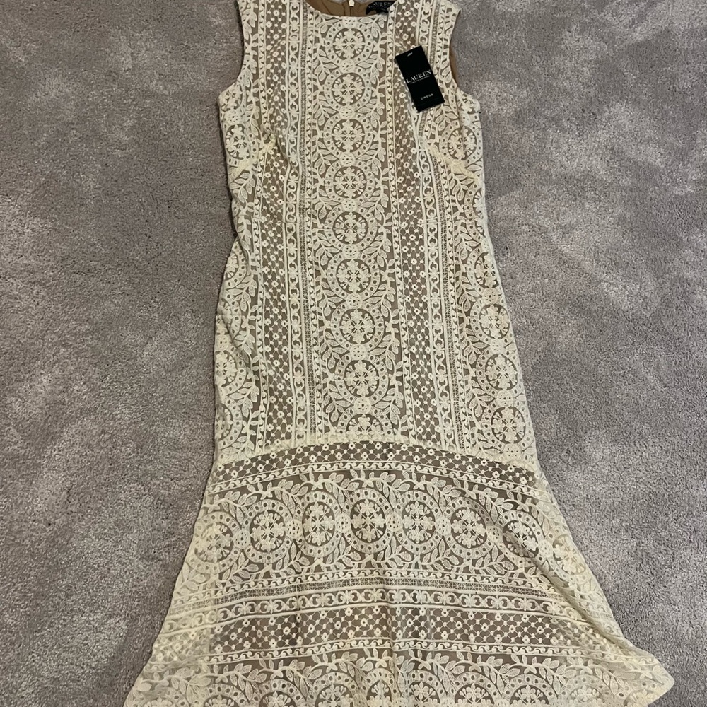 Lauren Ralph Lauren Cream Off White Lace Embroidered Lined Dress